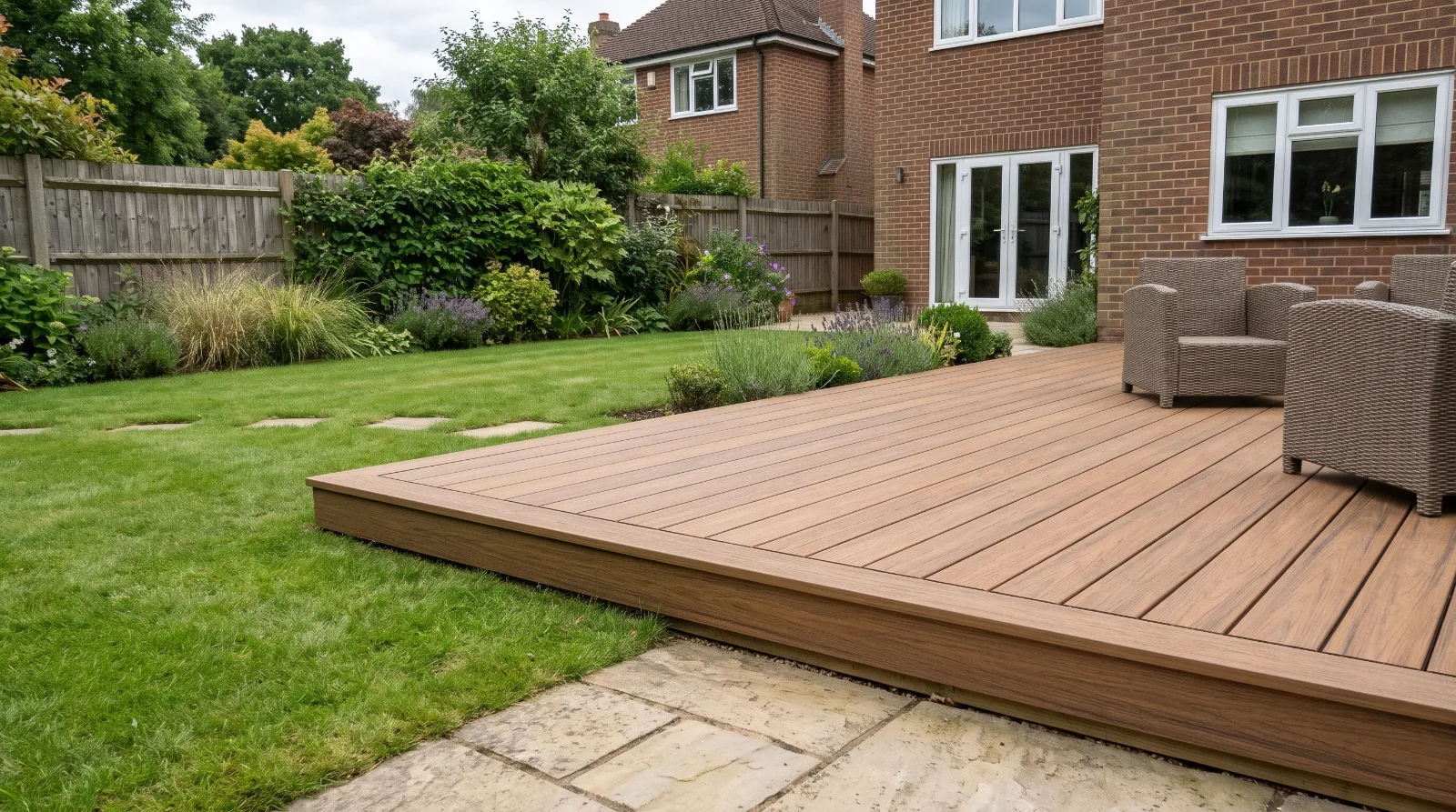 Composite decking installed over an existing paved patio in a landscaped Surrey garden.