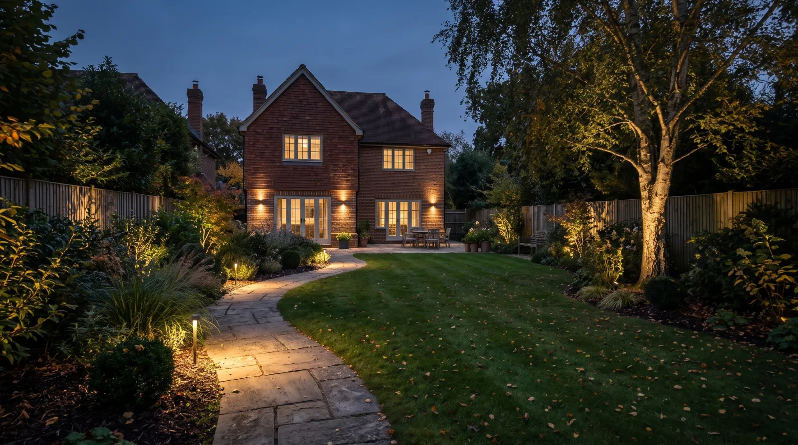 Professionally installed garden lighting illuminating a paved path, specimen tree and planting borders in a Surrey garden.