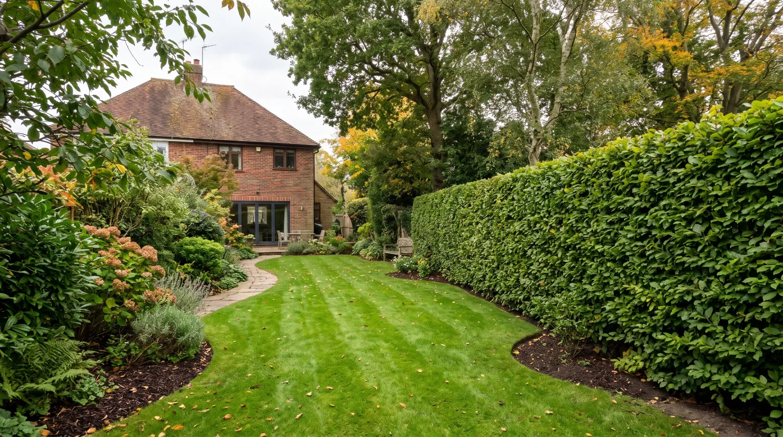 Neatly trimmed green garden hedge bordering a lawn in a landscaped Surrey garden.