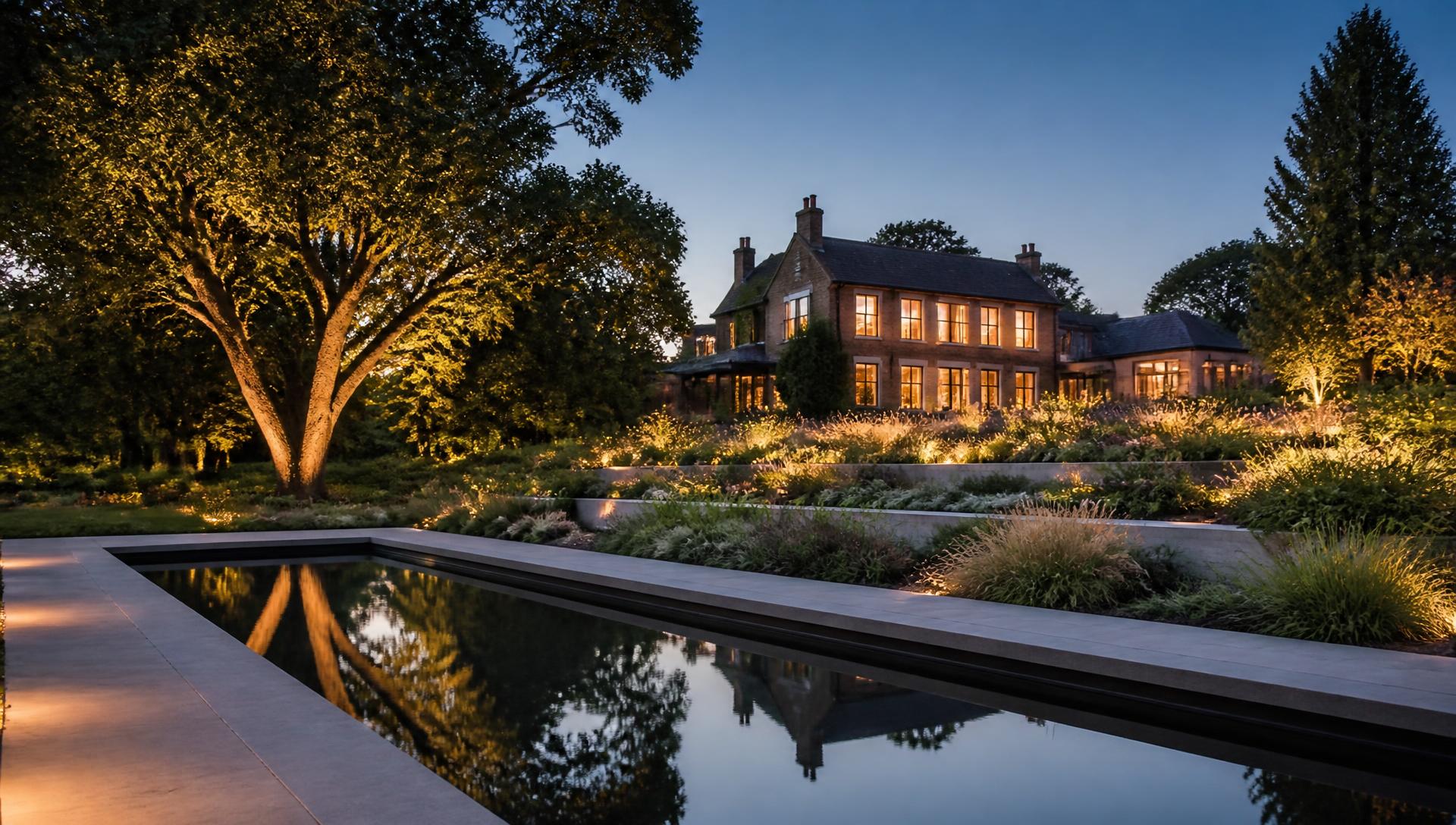 A lit contemporary estate landscape at dusk