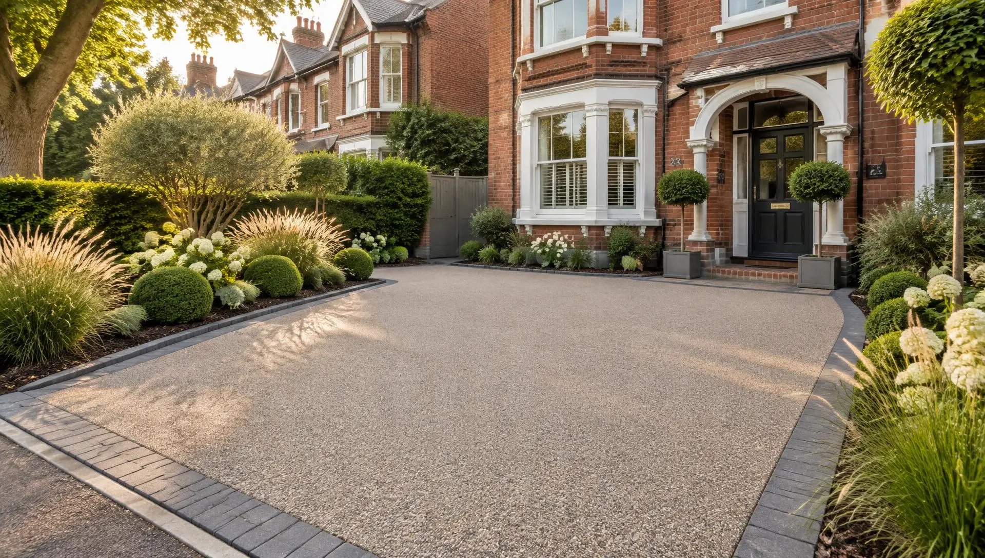 A beautifully finished resin-bond driveway in Surrey with neat edging and complementary planting