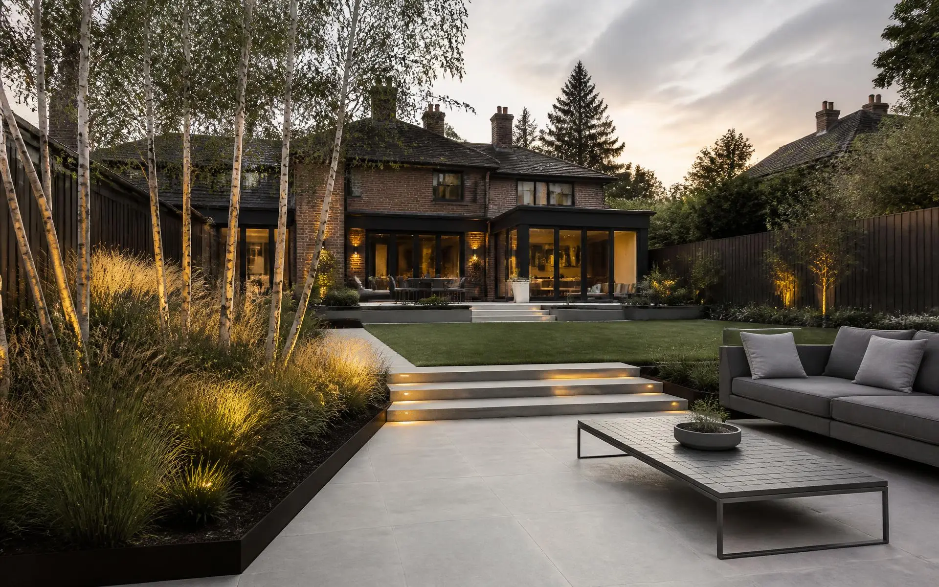 A landscaped Surrey garden with a porcelain terrace and mature planting