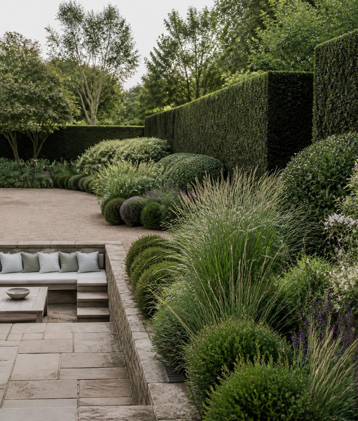 Layered planting and natural stone terracing in an English garden