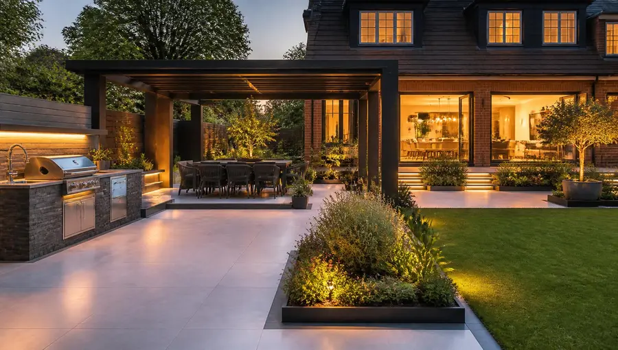 An outdoor kitchen and dining pergola lit at dusk
