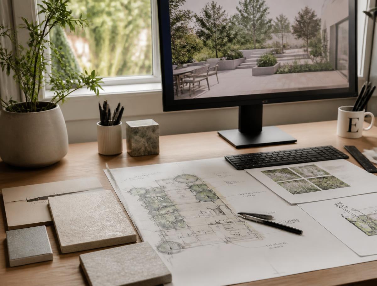 Garden masterplan drawings, material samples and a 3D visualisation